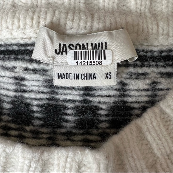 JASON WU Cropped Geometric Graphic Stripe Wool Sweater in Black & Ivory Size XS - Picture 6 of 7